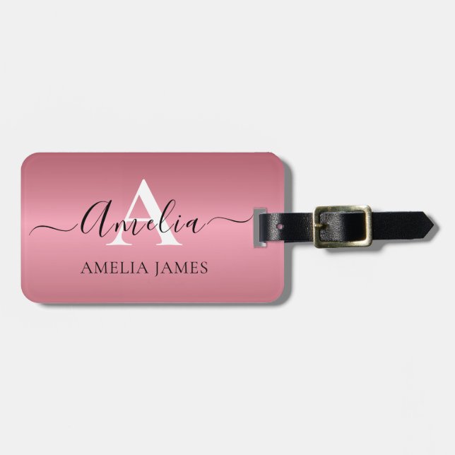 Modern Snyggt Ro Guld Brushed Metall Monogrammed Bagagebricka (Horisontell Framsida)