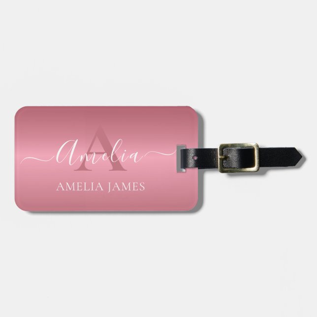 Modern Snyggt Ro Guld Brushed Metall Monogrammed Bagagebricka (Horisontell Framsida)