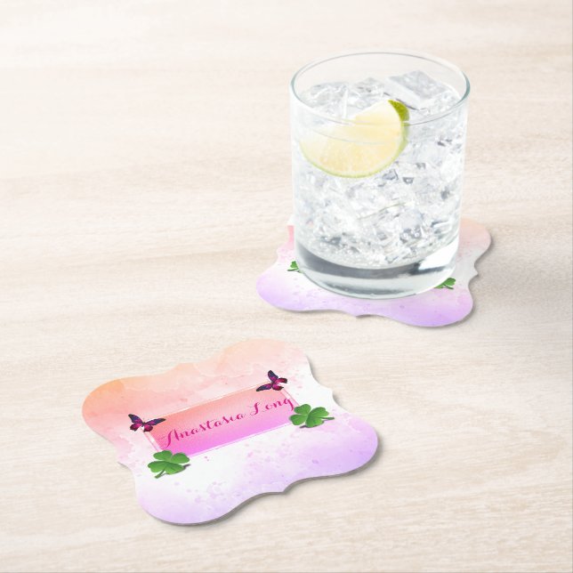 Modern Snyggt, Rosa Buterfly, Grönt Klöver Underlägg Papper (Insitu)