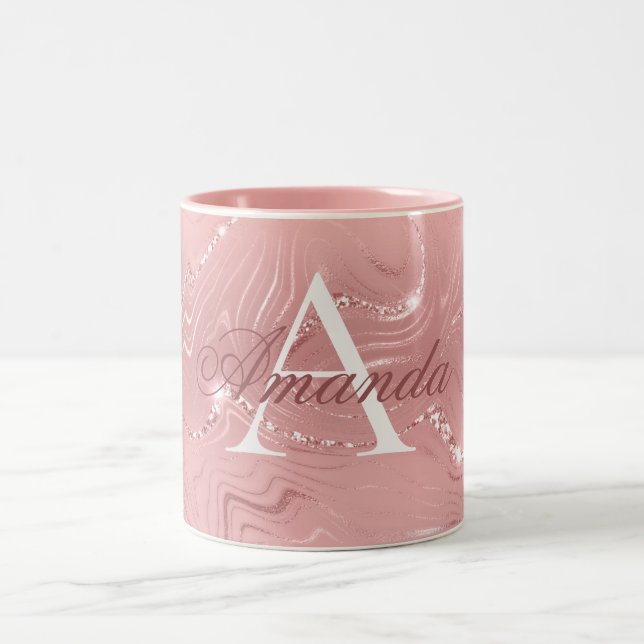 Modern Snyggt  Rosa Glitter Monogram Namn Två-Tonad Mugg (Center)