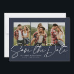 Modern snyggt-skript, tre fotomarinkblått spara datumet<br><div class="desc">Med tre foton och ett modernt skript skrivet "spara datumet" är det här kortet perfekten för att meddela din förlovning och kommande bröllop till vänner och familj. Den chic vita texten är djärv och modern men fortfarande sofistikerad. Anpassadet på framsidan har plats för namn, datum, plats och annan information, t.ex....</div>