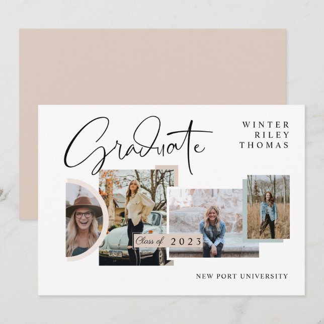 Modern Snyggt Studenten 4 Photo Collage Grad Inbjudningar (Fram/baksida)