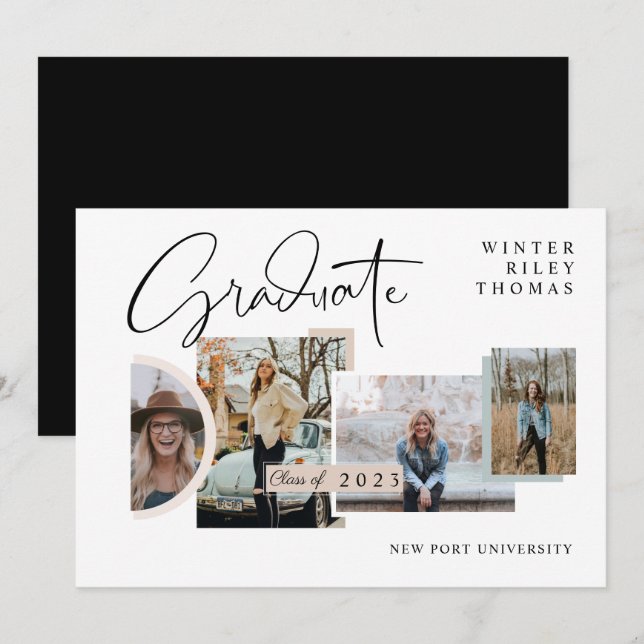 Modern Snyggt Studenten 4 Photo Collage Grad Inbjudningar (Fram/baksida)