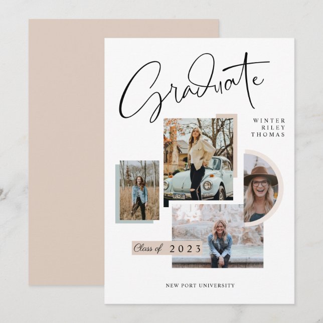 Modern Snyggt Studenten 4 Photo Collage Grad Inbjudningar (Fram/baksida)