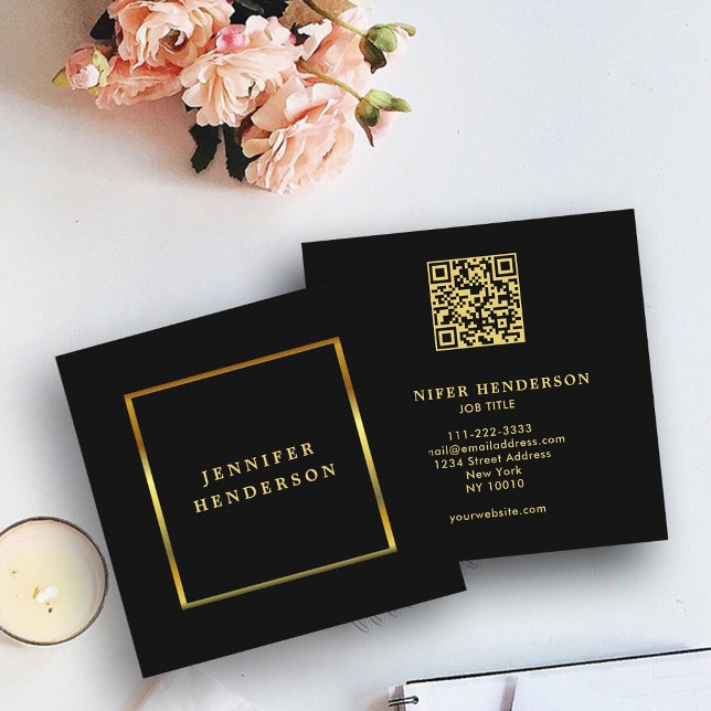 Modern snyggt svart guld QR-professionell Fyrkantigt Visitkort (Beautiful elegant stylish black gold QR code professional business card,)