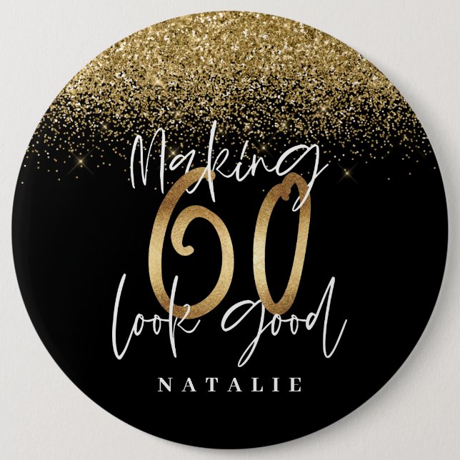 Modern snyggt svart och guld glitter 60 födelsedag knapp (Framsida)