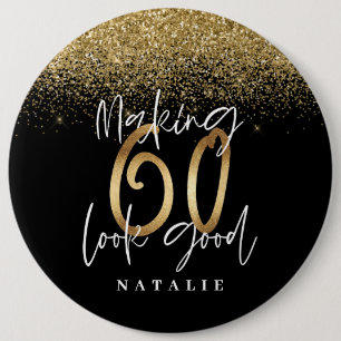 Modern snyggt svart och guld glitter 60 födelsedag knapp