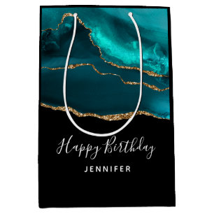 Modern Snyggt Teal Agate & Guld Ribbon Birthday