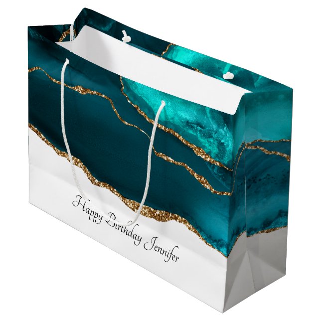 Modern Snyggt Teal Agate & Guld Ribbon Birthday (Framsidan Vinklad)