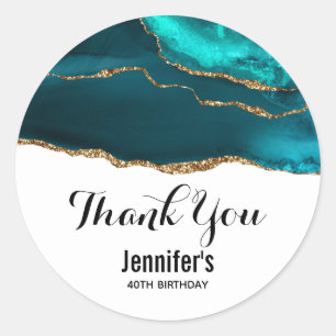 Modern Snyggt Teal Agate & Guld Ribbon Birthday Runt Klistermärke