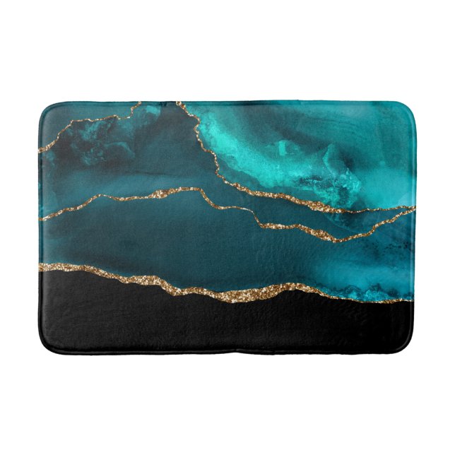 Modern Snyggt Teal Agate & Guld Ribbon Black Badrumsmatta (Framsidan)