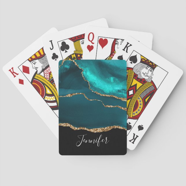 Modern Snyggt Teal Agate & Guld Ribbon Black Casinokort (Baksidan)