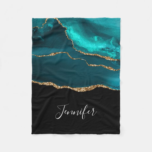 Modern Snyggt Teal Agate & Guld Ribbon Black Fleecefilt (Framsidan)