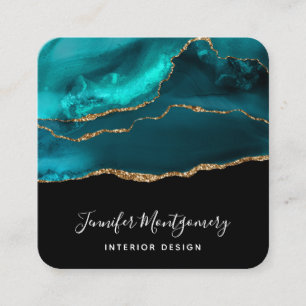 Modern Snyggt Teal Agate & Guld Ribbon Black Fyrkantigt Visitkort