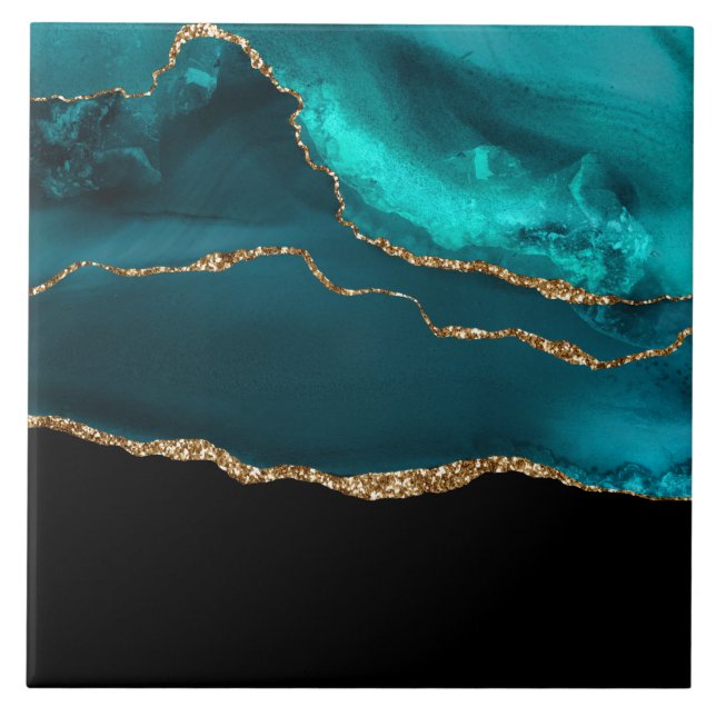 Modern Snyggt Teal Agate & Guld Ribbon Black Kakelplatta (Framsidan)