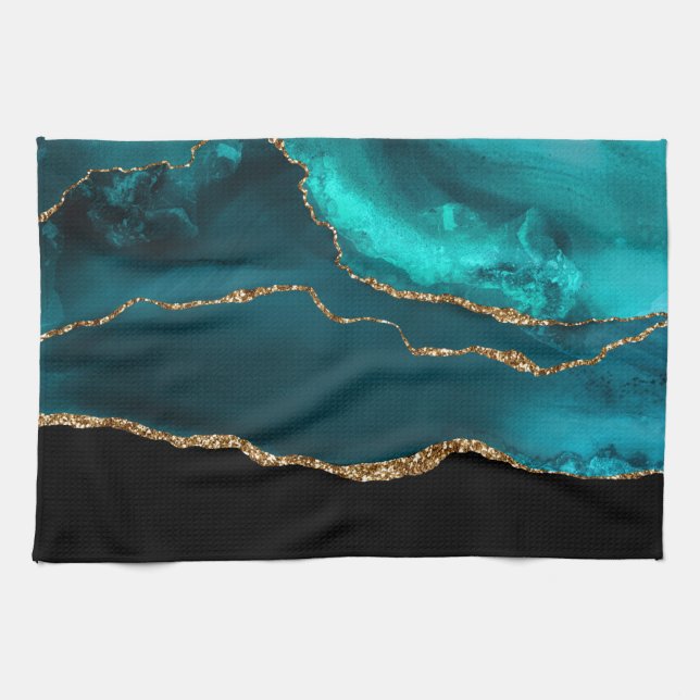Modern Snyggt Teal Agate & Guld Ribbon Black Kökshandduk (Horisontell)
