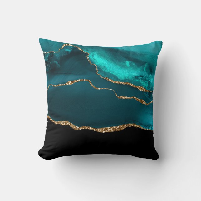 Modern Snyggt Teal Agate & Guld Ribbon Black Kudde (Framsida)