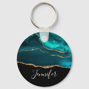 Modern Snyggt Teal Agate & Guld Ribbon Black Nyckelring