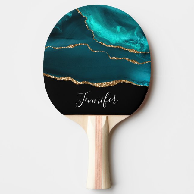 Modern Snyggt Teal Agate & Guld Ribbon Black Pingisracket (Framsidan)