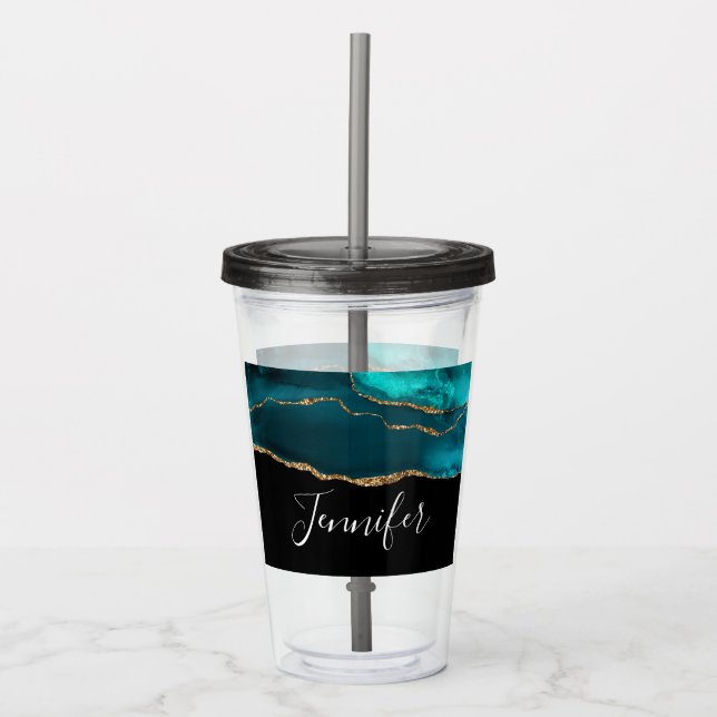 Modern Snyggt Teal Agate & Guld Ribbon Black Take Away Mugg (Framsida)