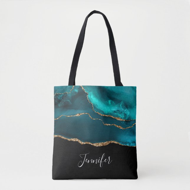 Modern Snyggt Teal Agate & Guld Ribbon Black Tygkasse (Framsida)
