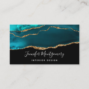 Modern Snyggt Teal Agate & Guld Ribbon Black Visitkort