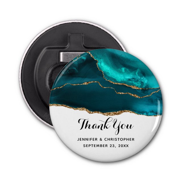 Modern Snyggt Teal Agate & Guld Ribbon Bröllop Flasköppnare (Framsidan)