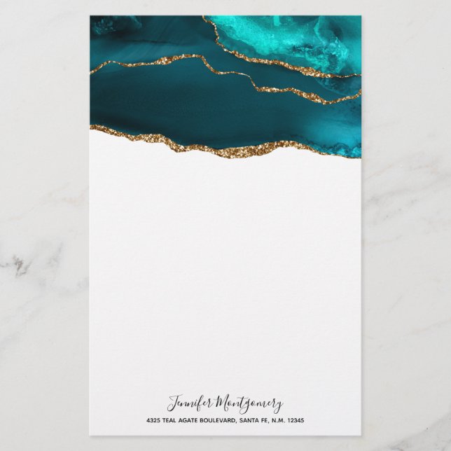 Modern Snyggt Teal Agate & Guld Ribbon White Brevpapper (Framsida)