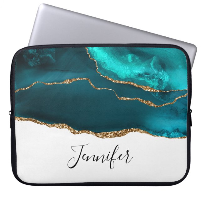 Modern Snyggt Teal Agate & Guld Ribbon White Laptop Fodral (Framsidan)