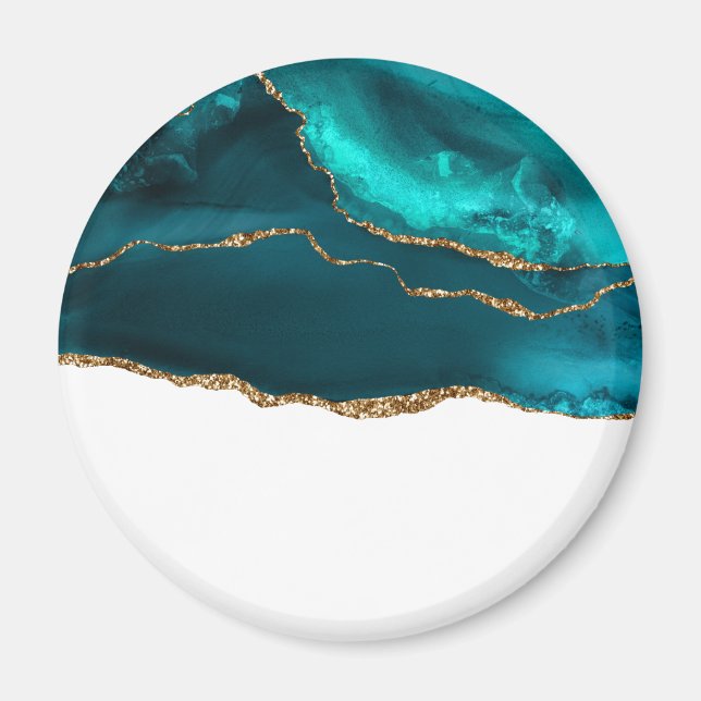 Modern Snyggt Teal Agate & Guld Ribbon White Magnet (Framsidan)