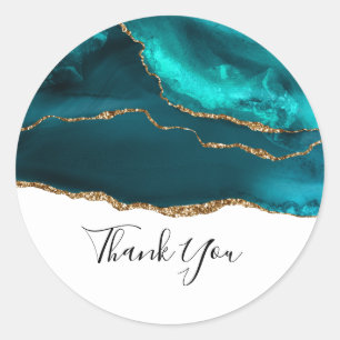 Modern Snyggt Teal Agate & Guld Ribbon White Runt Klistermärke