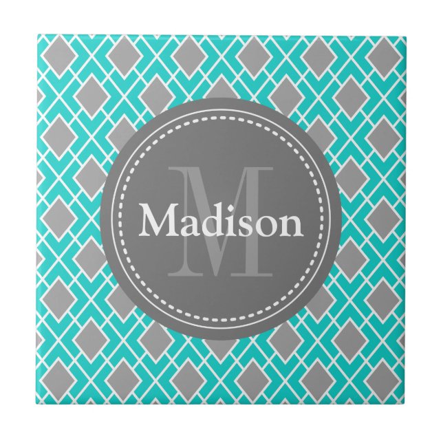 Modern Snyggt Teal Blue Grått Diamond Mönster Kakelplatta (Framsidan)
