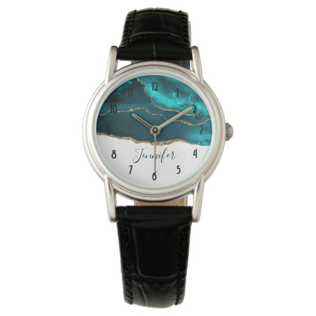 Modern Snyggt Teal & Guld Agate on White Armbandsur (Framsida)