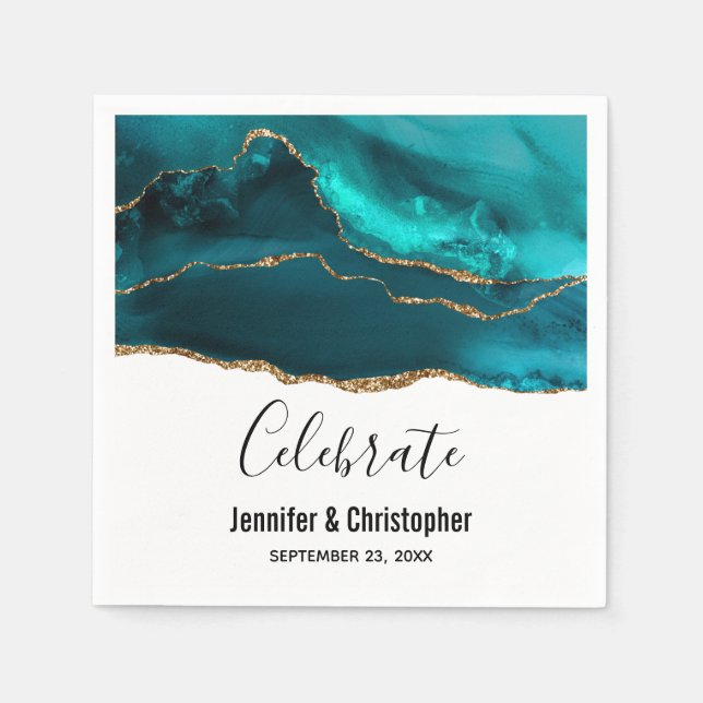 Modern Snyggt Teal & Guld Agate on White Pappersservett (Framsidan)