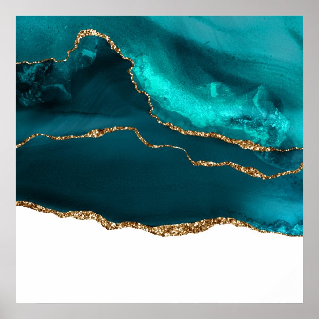 Modern Snyggt Teal & Guld Agate on White Poster (Framsidan)