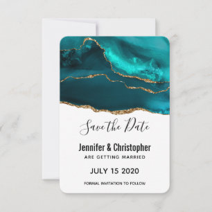 Modern Snyggt Teal Guld & White Agate Bröllop Spara Datumet
