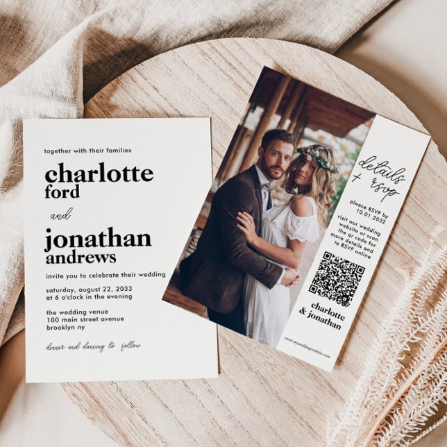 Modern Snyggt Typografi QR-kodfoto Bröllop Inbjudningar (Skapare uppladdad)