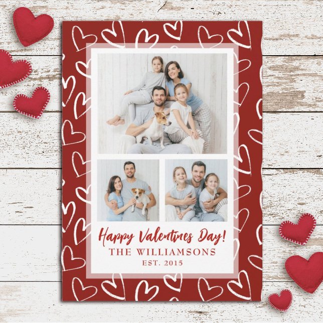 Modern Snyggt Valentines day Family Photo Helgdag Julkort (A modern 3 photo collage Valentine's Day card. Personalize it with your photos.)