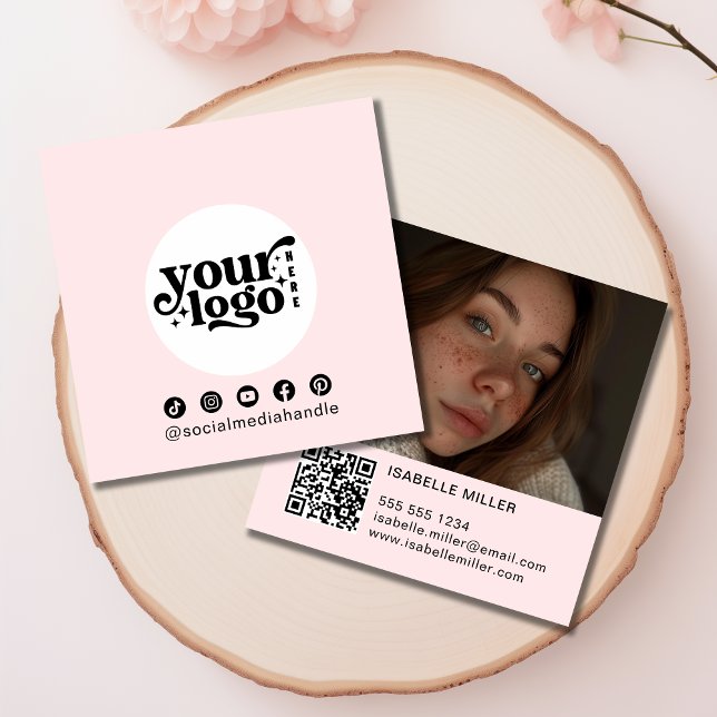 Modern Social Media Logotyp Photo QR Rosa Fyrkantigt Visitkort (Modern Social Media Logo Photo QR code Square Business Card)