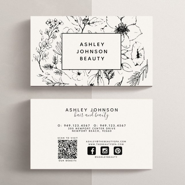 Modern Social Media QR-kod Botaniskt  svart Visitkort (QR Code Social Media Business Card)