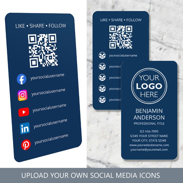 Modern Sociala Media Logotyp QR-kod Marinblå Visitkort (Skapare uppladdad)