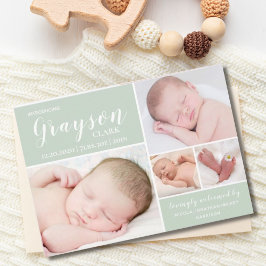 Modern Soft Grönt Photo Collage Pojke Birth Meddelande