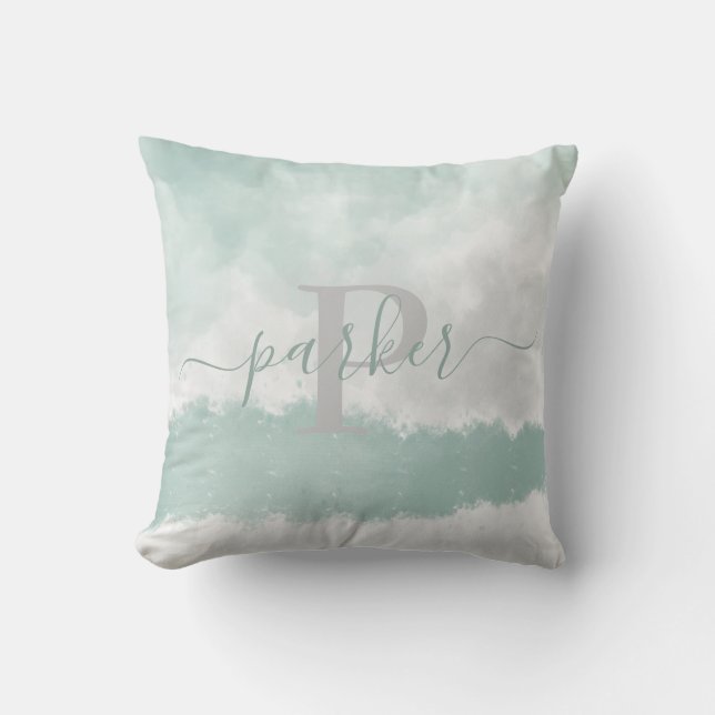 Modern Soft Grönt Watercolor Monogram Kudde (Framsida)