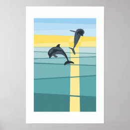 Modern Sol Hav Delfin i Turkos Gul Konst Poster