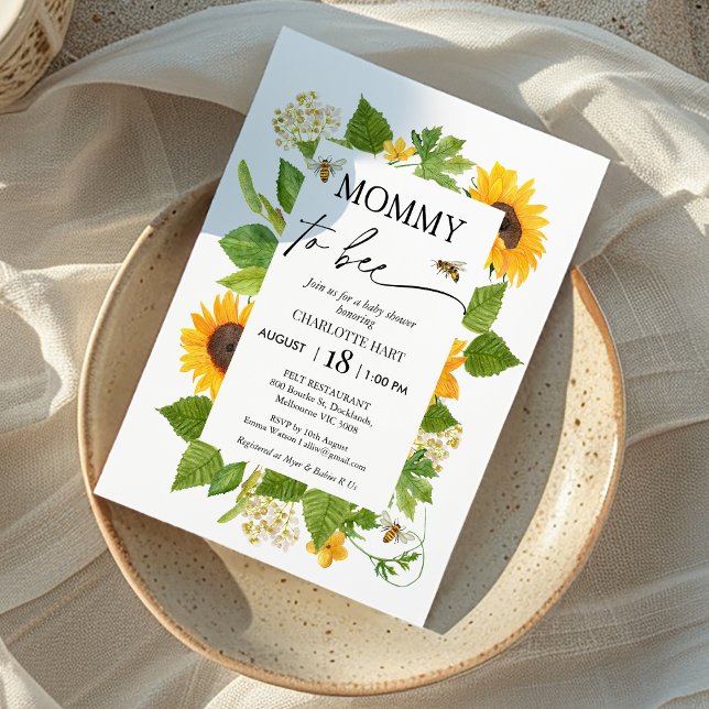 Modern solblomma Mamma till Bee Baby Shower Inbjudningar (Sunflowers Bee Baby Shower Invitation, Mommy To Bee baby Shower Invite, Bee Themed Gender Neutral)