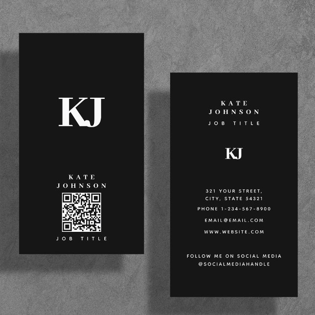 Modern Solid Monogram Initialer QR-kod, svart Visitkort (Skapare uppladdad)