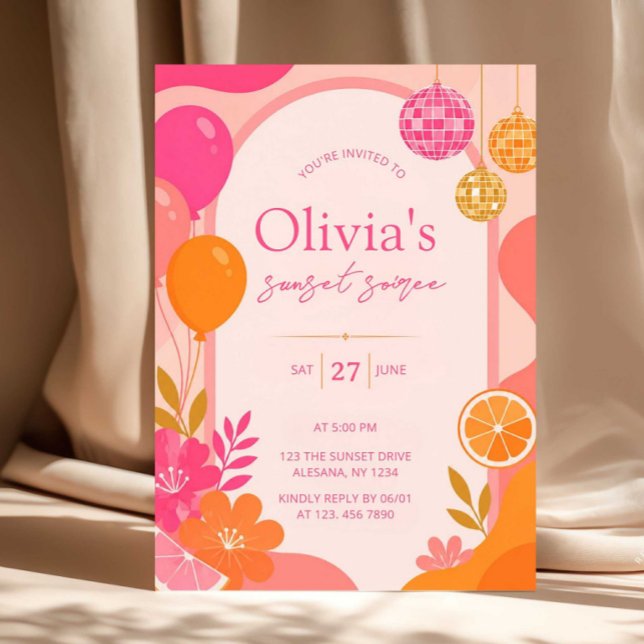 Modern Solnedgång Soaré Tequila Sunrise Inbjudan (sunset soiree invite, summer party invite, editable canva invite, retro summer invitation, tropical )