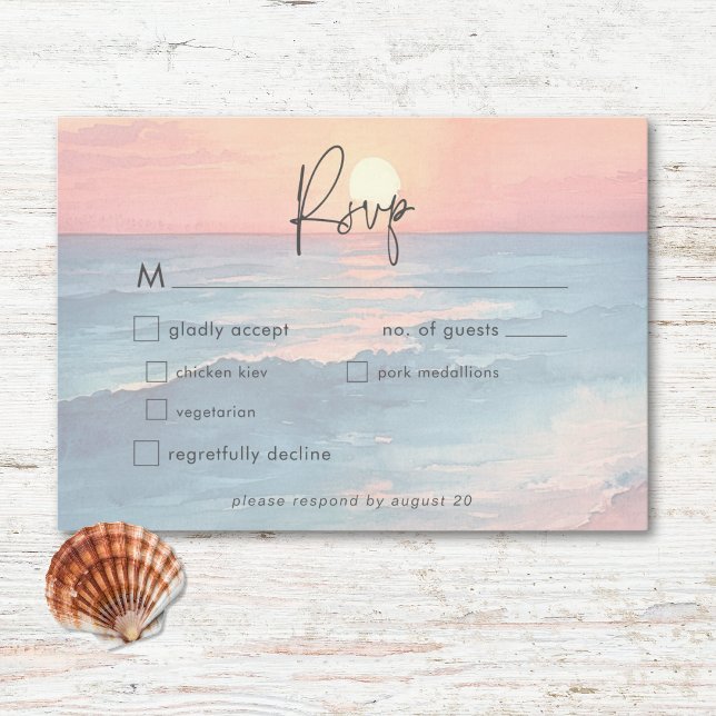 Modern Solnedgång Vattenfärg Strand Bröllop OSA Kort (Modern Ocean Sunset Watercolor Beach Wedding RSVP Card)