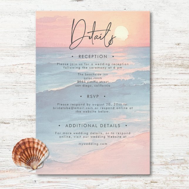 Modern Solnedgång Vattenfärg Strand Bröllop Tilläggskort (Modern Ocean Sunset Watercolor Beach Wedding Enclosure Card)