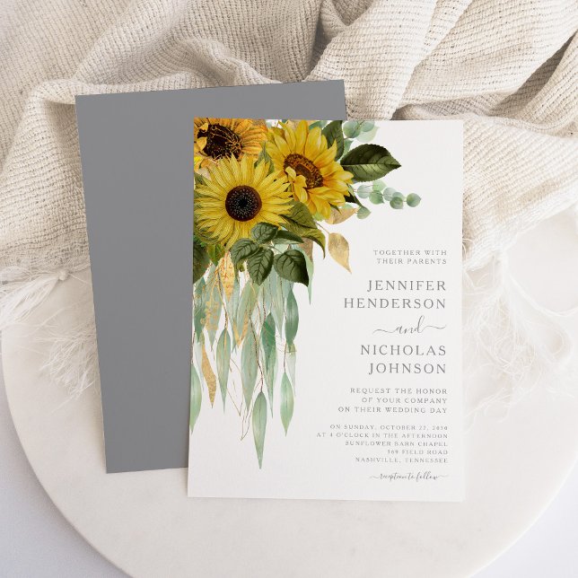 Modern Solros Bröllop  Inbjudningar (Modern Gray Sunflowers Wedding Invitation)